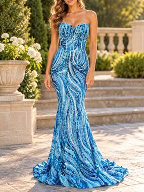 Portia and Scarlett PS24342 Blue Sequin Corset Mermaid Prom Gown Size 8